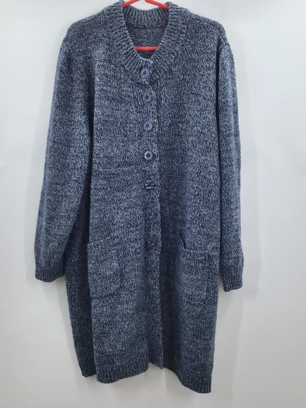 Women's 2X Cardigan Sweater Tunic Length Marled Blue Chunky Pockets Lagenlook